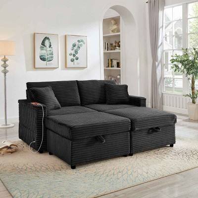Lazy Loveseat Sofa with 2 Storage Ottomans and Hidden Side Table, Sofa with USB and Bluetooth, Corduroy Sofa with Wood Frame-Coolbibila