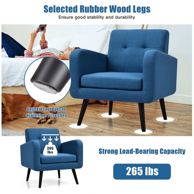 Blue Linen Tufted Back Armchair with Rubber Wood Legs