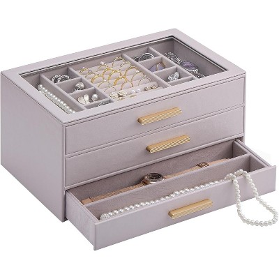 3-Layer Jewelry Organizer with Glass Lid, Storage & Display Case for Rings, Earrings, Necklaces, Birthday Christmas Gift