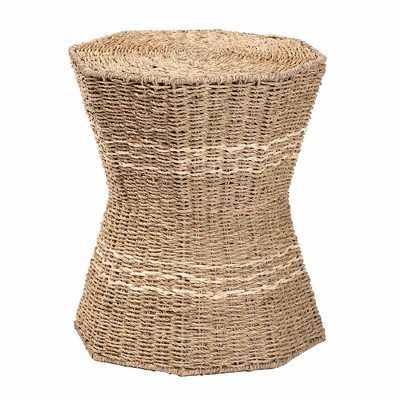 Natural Brown Seagrass Hourglass End Table with Metal Frame