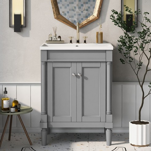 24 Modern Stylish Bathroom Vanity with Porcelain Sink and Open Shelves,White - ModernLuxe