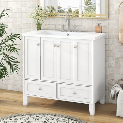 Okak 36" Retro Bathroom Vanity with Sink Freestanding Bathroom Resin Sink Vanities with 2 Drawers and 4 Doors Large Storage for Bathroom, White
