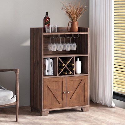 Wine Bar Cabinet With Wine Rack & Glass Holder, X-shaped Design Farmhouse Coffee Bar Cabinet, Sideboard Buffet Cabinet