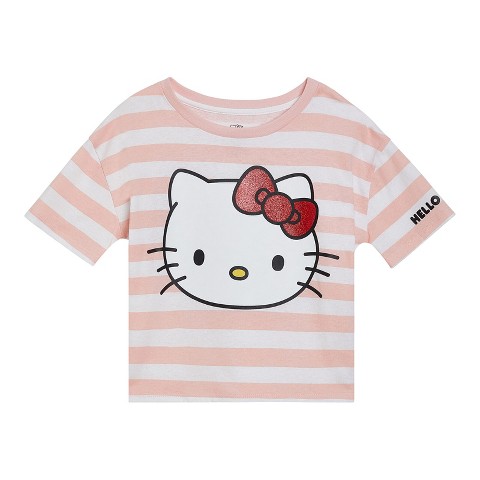 Hello Kitty Big Girls' Glitter Allover Print Drop Shoulder Short Sleeve Graphic T-Shirt Pink Striped 10-12