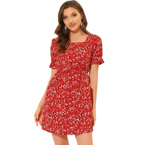 Allegra K Women's Causal Square Neck Elastic Waist Pocket Mini Floral Puff Sleeve  Dress Red Large : Target