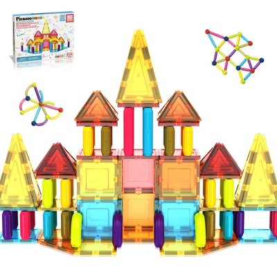 PICASSO-TILES 82 PC Magnetic Tiles & Sticks Builders Set, Building Blocks, STEM Toys for Kids 3+