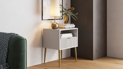 Jacklyn White and Gold Mid-Century Modern Nightstand with Drawer