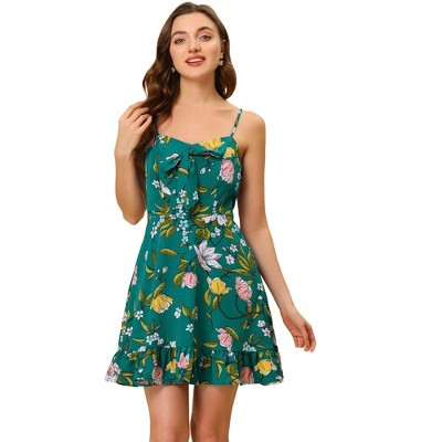 Allegra K Women's Floral Ruffle Bow Knot Lemon Spaghetti Strap Mini Sundress
