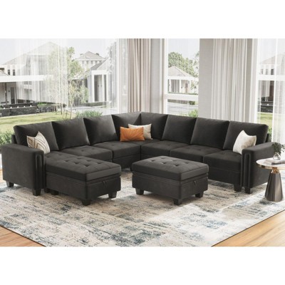 Belffin Modular Velvet Tufted U Shaped Sofa Couch with Storage Ottoman 9-Seater