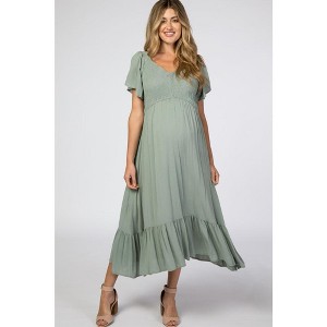 PinkBlush Light Olive Smocked V-Neck Maternity Midi Dress - 1 of 4