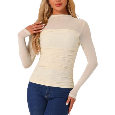 INSPIRE CHIC Women's Solid Mock Neck Mesh Sheer Long Sleeve Ruched Blouses