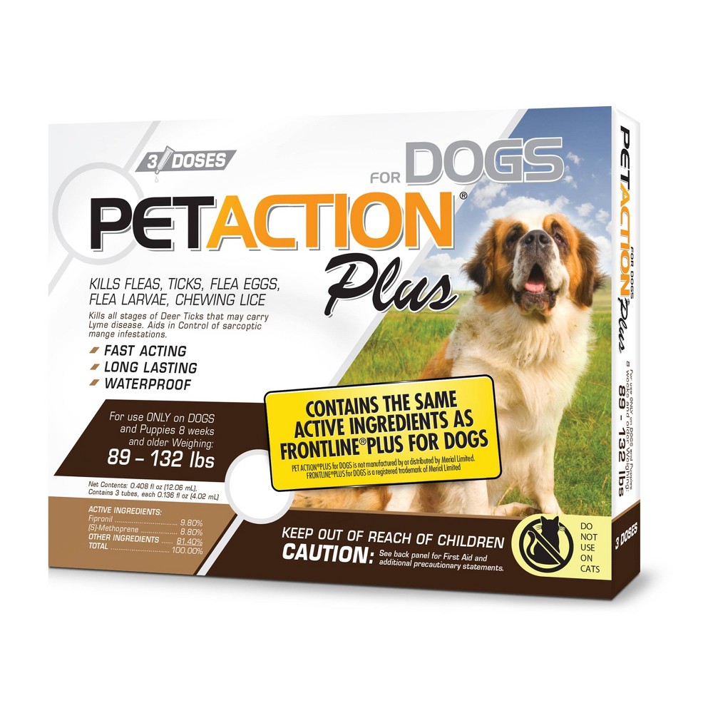 PetAction Plus Flea and Tick Protection for Dogs 89-132 lbs, 3-Month Supply