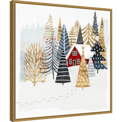 22" x 22" Gold Framed Christmas Chalet Canvas Wall Art