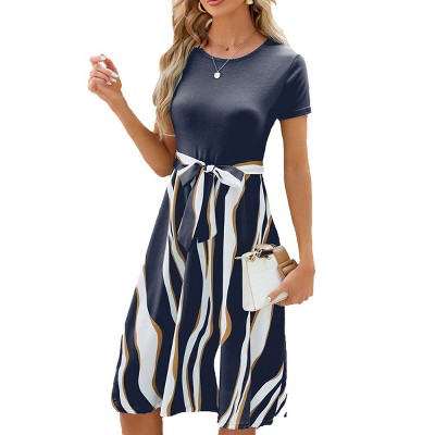 Womens Summer Midi Dress Short Sleeve Round Neck Fit and Flared Dress Belted Summer Dress with Irregular Stripes Summer Teacher Dress