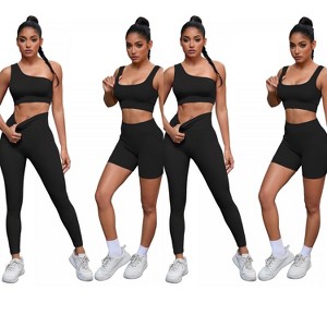 INSPIRE CHIC 2 Sets Women's Exercise Yoga Outfits Scoop Neck Seamless Ribbed Shorts High Waist Shapers - 1 of 4