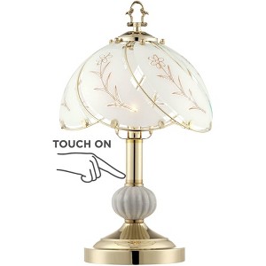 Regency Hill Traditional Accent Table Lamp 15" High Polished Brass Floral Etched Glass Shade Touch On Off for Bedroom Bedside - 1 of 4