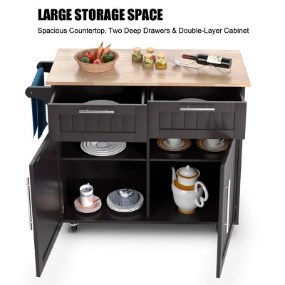 Brown Rubberwood Kitchen Cart with Storage and Casters