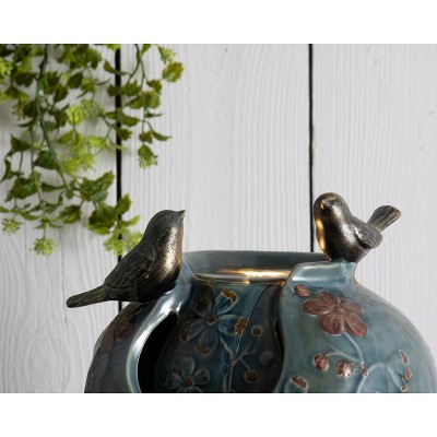 Blue Verdigris Ceramic Bird Indoor Water Fountain with LED Light