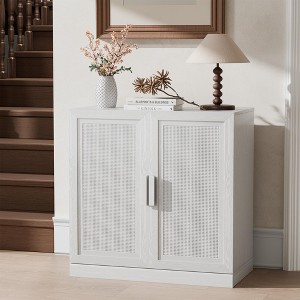 31 in. Tall Wood Grain Storage Cabinet in White, Storage Organizer with 2 Rattan Weave Doors for Bedroom Living/Dinning Room - 1 of 4