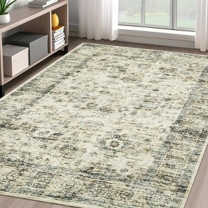 Washable Vintage Rug Floral Print Area Rug Distressed Oriental Rug Low Pile Non Slip Foldable Accent Rug - 1 of 4
