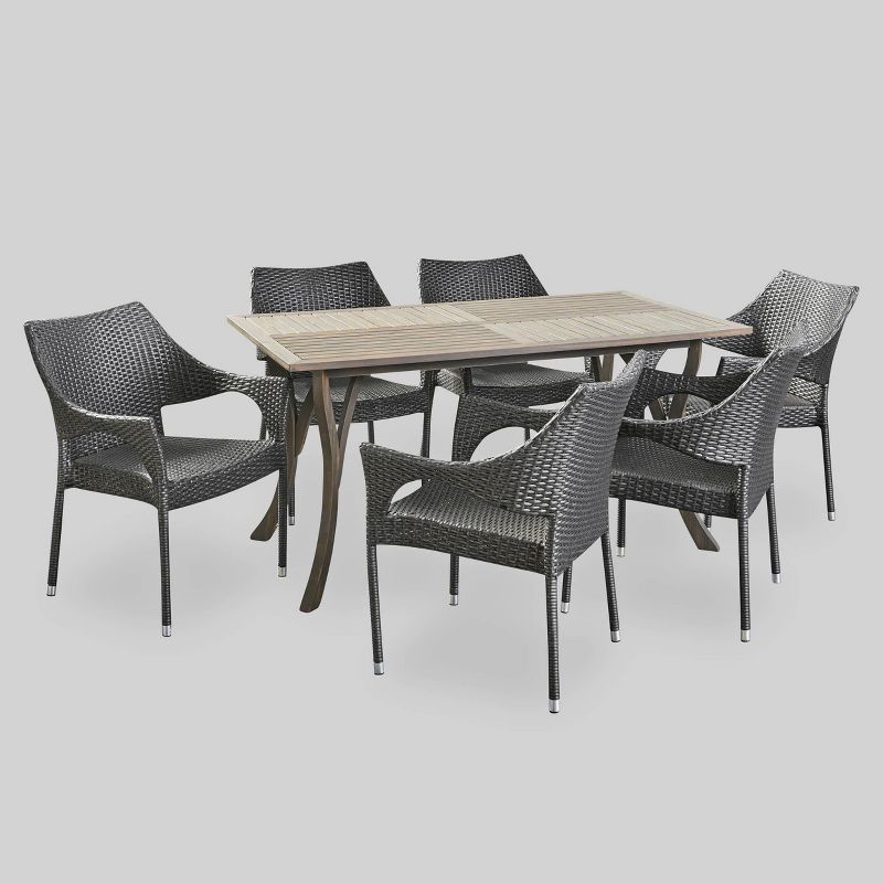 Nora 7pc Wicker and Acacia Wood Dining Set - Gray - Christopher Knight Home, 3 of 9
