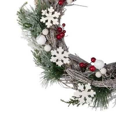 Tiny Frosted Pine and Berry Christmas Wreath with Snowflakes