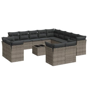 vidaXL 14 Piece Patio Sofa Set with Cushions Gray Poly Rattan - With Table - 1 of 4