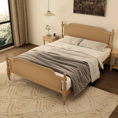 Grungis Traditional Queen Size Bed Frame,Rustic Style Solid Wood Bed with Headboard,Rattan Platform Bed for Bedroom