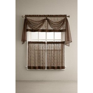 Kate Aurora Complete 4 Piece Linen Leaf Embroidered Complete Kitchen Curtain Set - 1 of 3