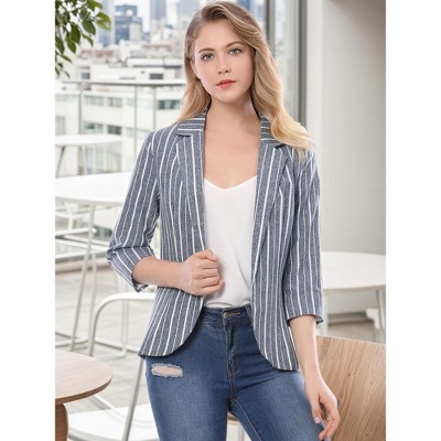 Allegra K Women's Striped 3/4 Sleeves Open Front Casual Notched Lapel Blazer Pink Small — фото 2