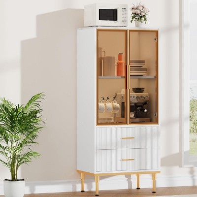 Fluted Storage Cabinet with Glass Door and 2 Drawers, Modern Display Storage Cabinet, Kitchen Pantry with Adjustable Shelves