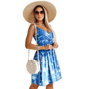 Clearlove Women's Summer Floral Dress Spaghetti Strap V Neck Sleeveless Ruffle Casual Beach Boho A Line Short Mini Dress - 1 of 4