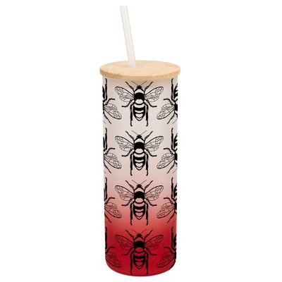Elanze Designs Honey Queen Bumble Bee Hive Wrap-Around Design 25 Ounce Frosted Gradient Glass On-The-Go Coffee Travel Skinny Tumbler Mug Cup, Bamboo