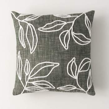 Sullivans 18" Green Embroidered Leaf Pillow, Cotton