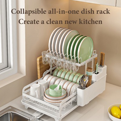 Kitchen Dish Rack 2 Tier Dish Drying Rack with Automatic Drainer Dish Drying Rack, Utensil Rack, Cup Rack, Large Dish Drainer for Kitchen