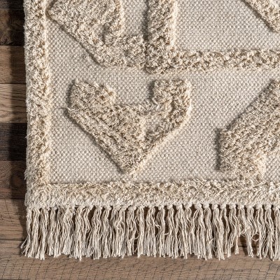 Beige Geometric Wool and Synthetic Square Area Rug, 4' x 6'