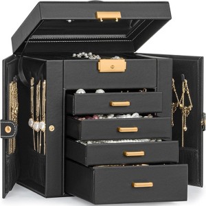 Leather Jewelry Box with Mirror & Lock, 3-Tier Organizer with 2 Drawers for Necklaces & Bracelets - 1 of 4
