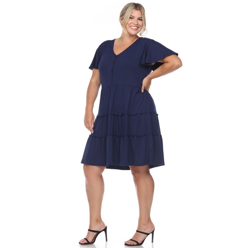 Plus Size Short Sleeve V-neck Tiered Midi Dress, 3 of 6