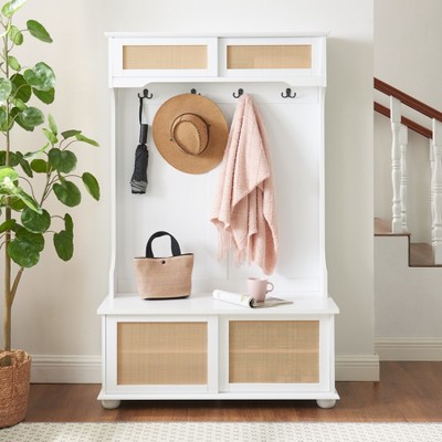 Entryway Hall Tree with Storage Bench, 64" Entryway Bench with Coat Rack, Wooden Coat Rack with 4 Hooks for Small Spaces Living Room Hallway