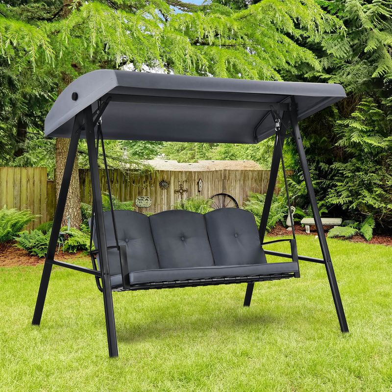 Costway Outdoor 3-Seat Porch Swing with Adjust Canopy and Cushions Gray\Brown, 1 of 11