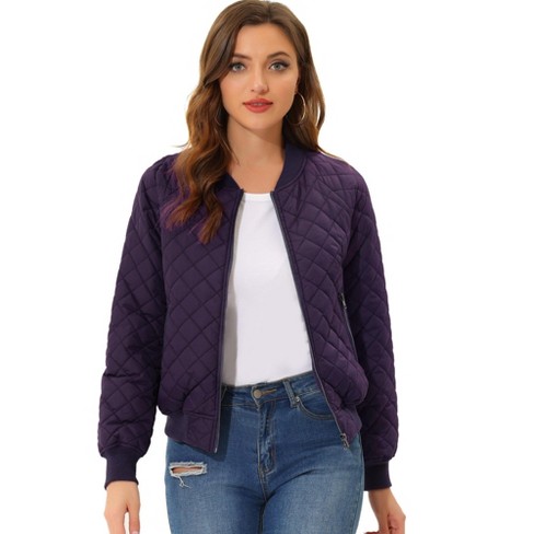 Allegra K Women's Quilted Zip-Up Raglan Sleeves Bomber Jacket Dark Purple  Small