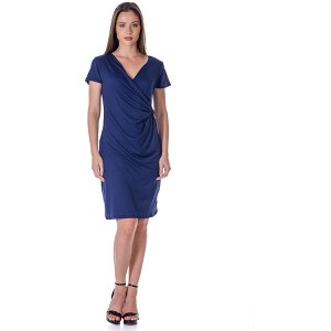 24seven Comfort Apparel Petite Short Sleeve Knee Length Faux Wrap Dress - 1 of 4