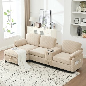 104.72''L-Shaped Sectional Sofas£¬ Corduroy Sofa with Cup Holders, USB Charging, Movable Ottoman & Storage Console for Apartment - 1 of 4