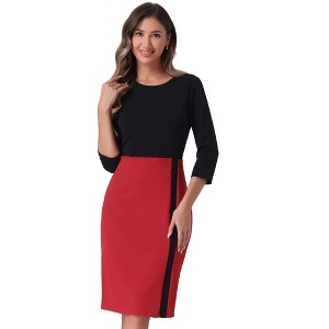 Allegra K Women's Elegant Round Neck 3/4 Sleeves Contrast Office Sheath Pencil Dresses - 1 of 4