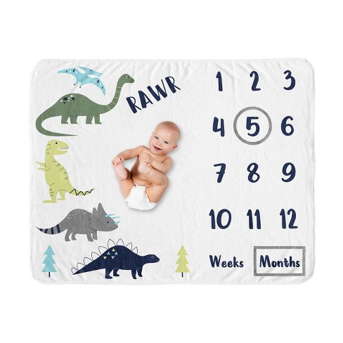 3 Piece Set Sweet Jojo Designs Boy Milestone Swaddle Baby Blanket Mod Dinosaur Collection