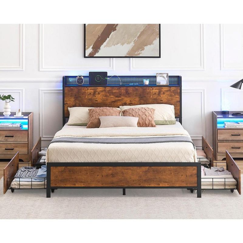 Full Queen Bed Frame with Storage Drawers and Charging Station, LED Light Bed with Storage Headboard, Platform Bed with Strong Wood Slats Support, 3 of 10