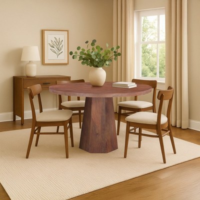 Royal Hampton Dining Table | 42" Round Top | Handmade Ambre Brown Mango Wood | Octagonal Pedestal Base