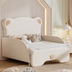 TIRAMISUBEST Twin XL Size Upholstered Stretchable Vaulted Daybed with Bear Shaped Headboard, Modern Daybed Frame Sofa Bed with Slats Support - 1 of 4