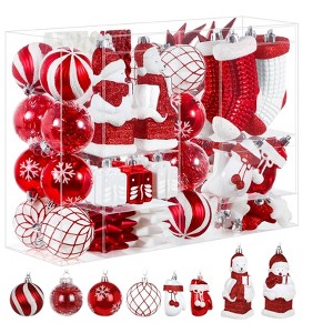 Aoibox 112pcs Christmas Ornaments Set Shatterproof Plastic Baubles Stars Penguin Polar Bear Red White with Hanging Strings for Tree - 1 of 4