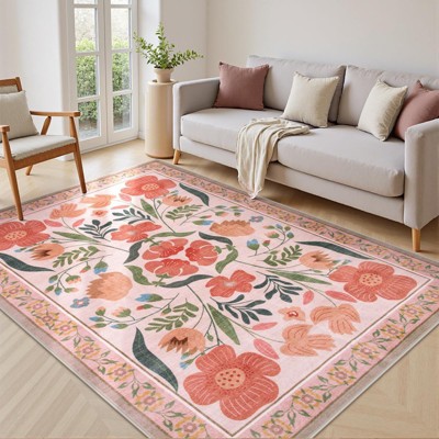 Lahome Washable 5x7 Area Rugs for Bedroom, Floral Living Room Nursery Beige Rugs with Low Pile
